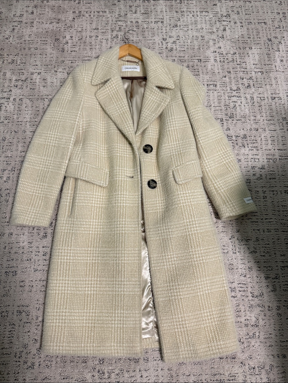 Calvin Klein Cream Plaid Wool Blend Trench Coat